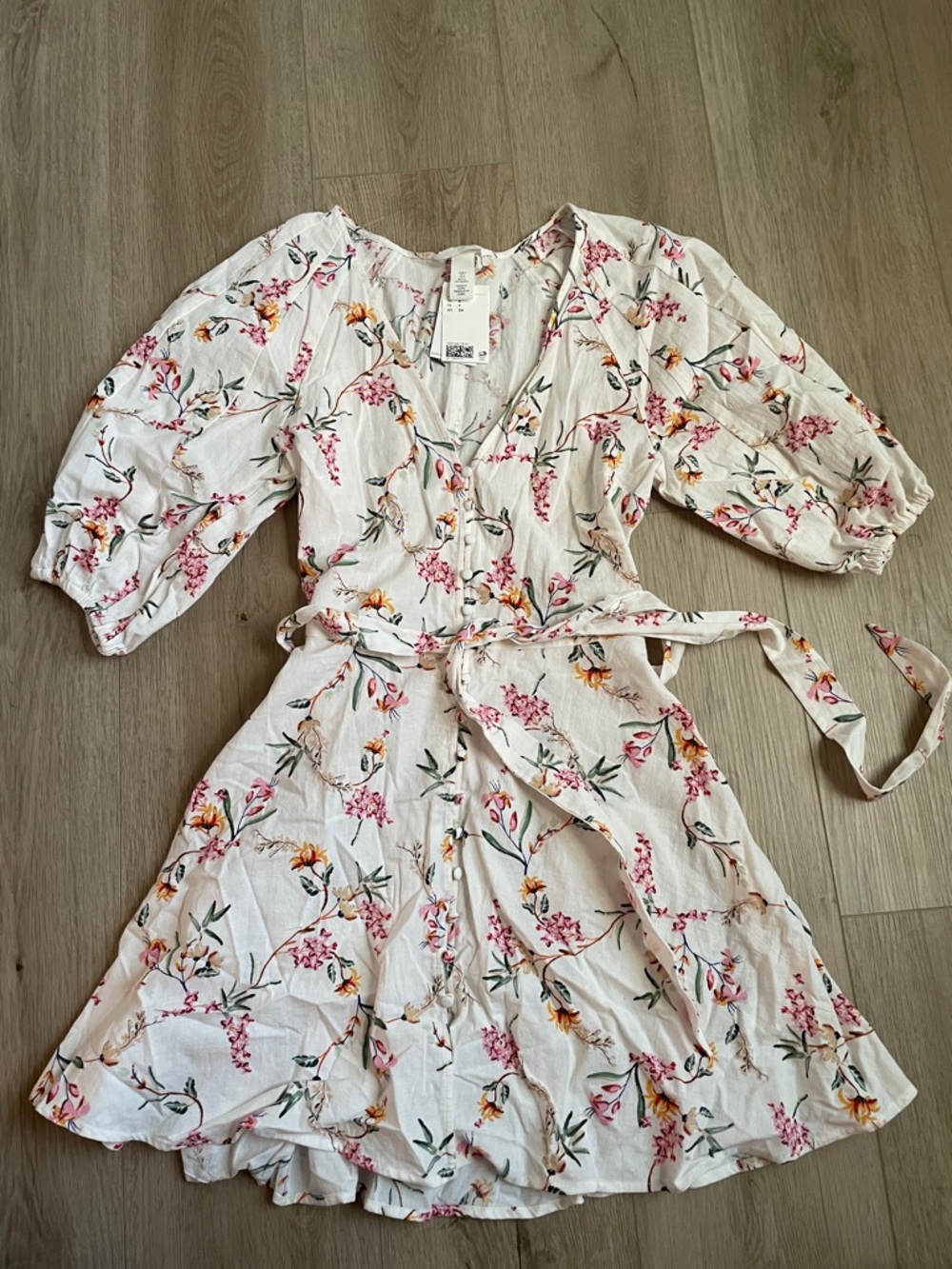 H&M White Floral Mini Dress with Pink & Yellow Blossoms